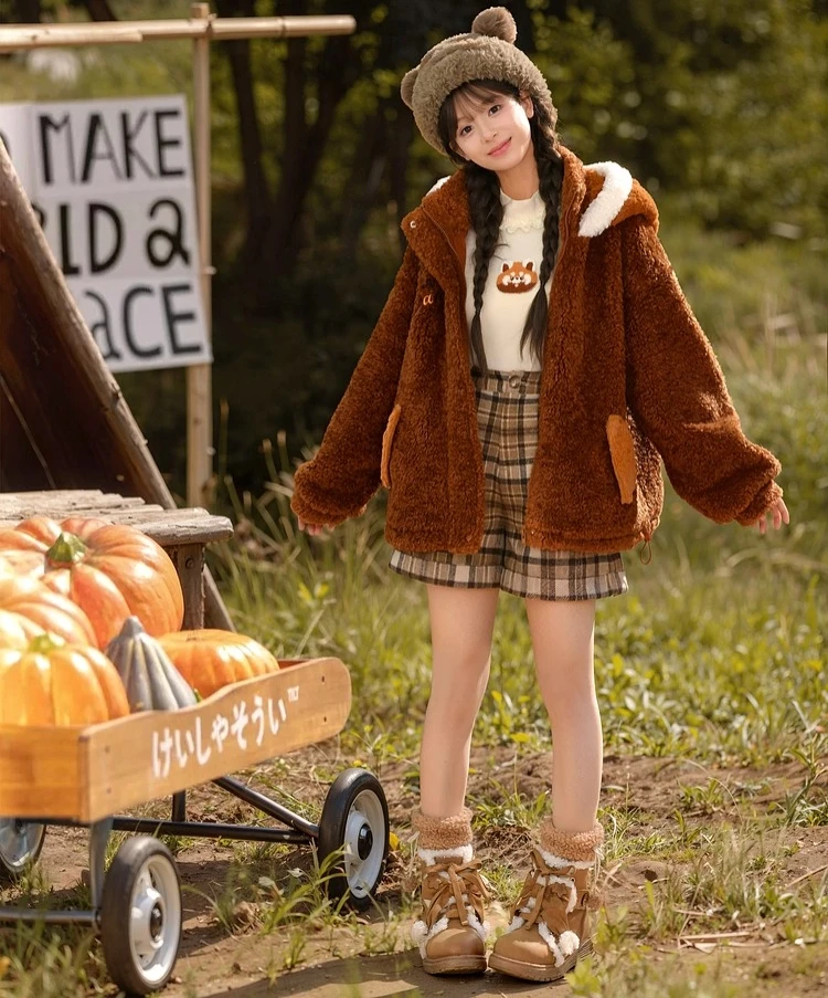 2025 Autumn Winter New Cute Style Brown Little Panda Letter Print Loose Zipper Soft and Comfortable Hooded Sweatshirt