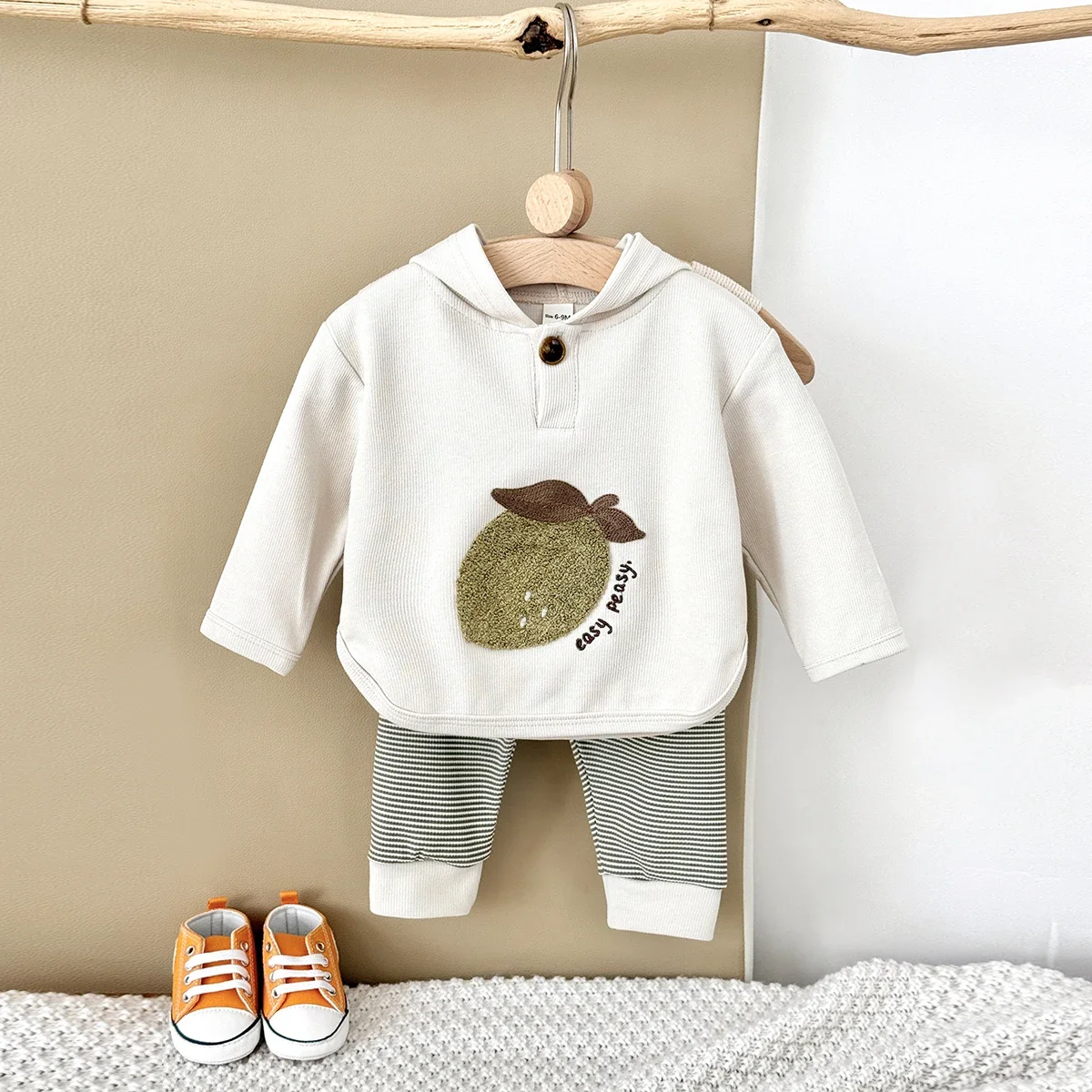 Baby Unisex Spring Autumn Outfit Lemon Flocking Lapel Top Green White Striped Pants Toddler 2Pcs Clothes Set 3