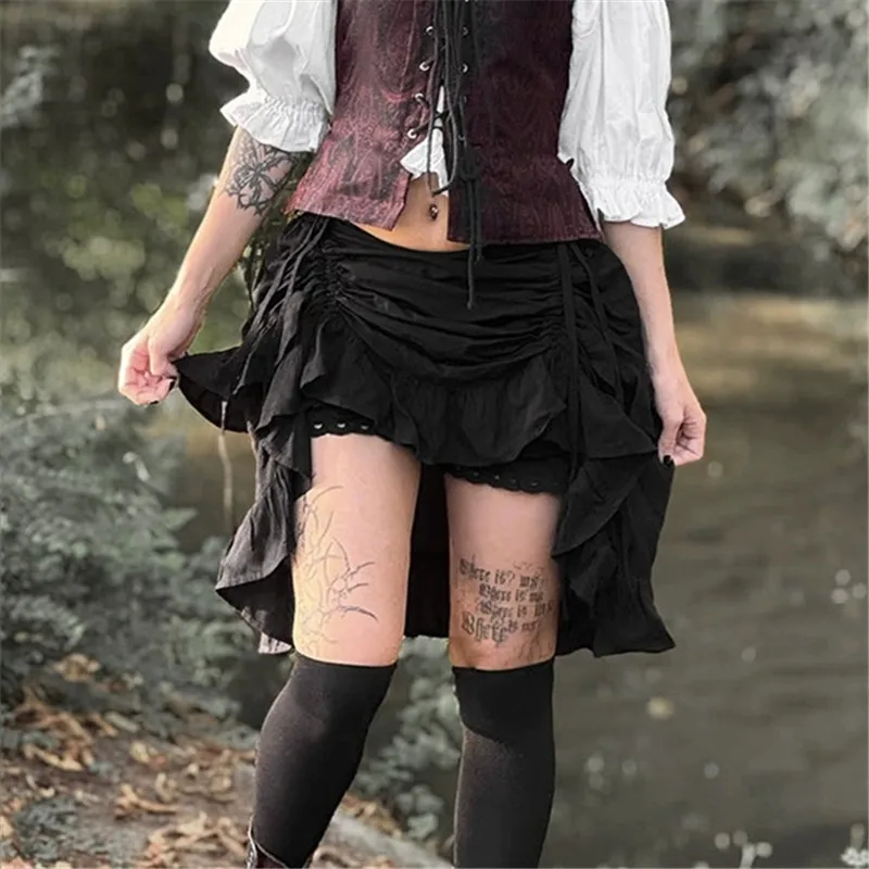 2026 New Vintage Dark Irregula Hem A-line Skirts Streetwear Gothic Drawstring Pleated Mini Skirt Women's Punk Streetwear Bottoms
