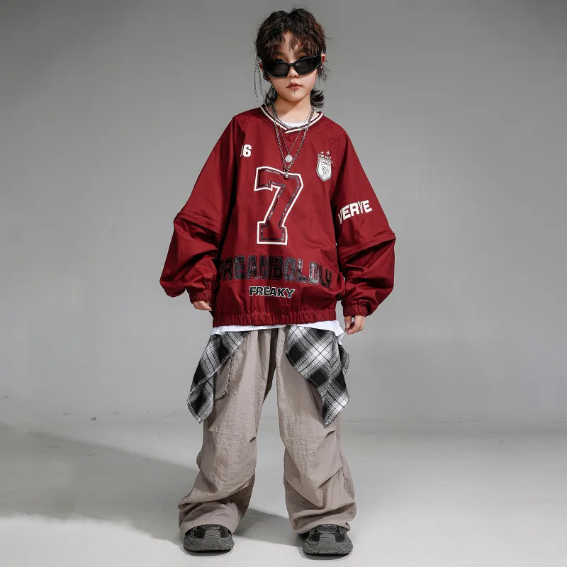 Kid Hip Hop Clothing Wine Red V Neck Elastic Hem Sweatshirt Gray Casual Wide Cargo Pants for Boy Jazz Dance Costume Clothes -129