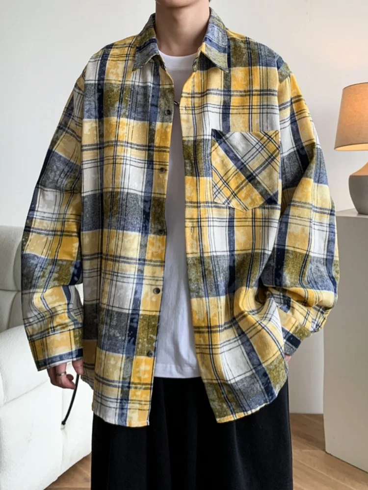 

Мужская клетчатая рубашка свободного кроя с длинным рукавом, в американском ретро-стиле, модная брендовая новинка весенней коллекции, повседневная верхняя одежда