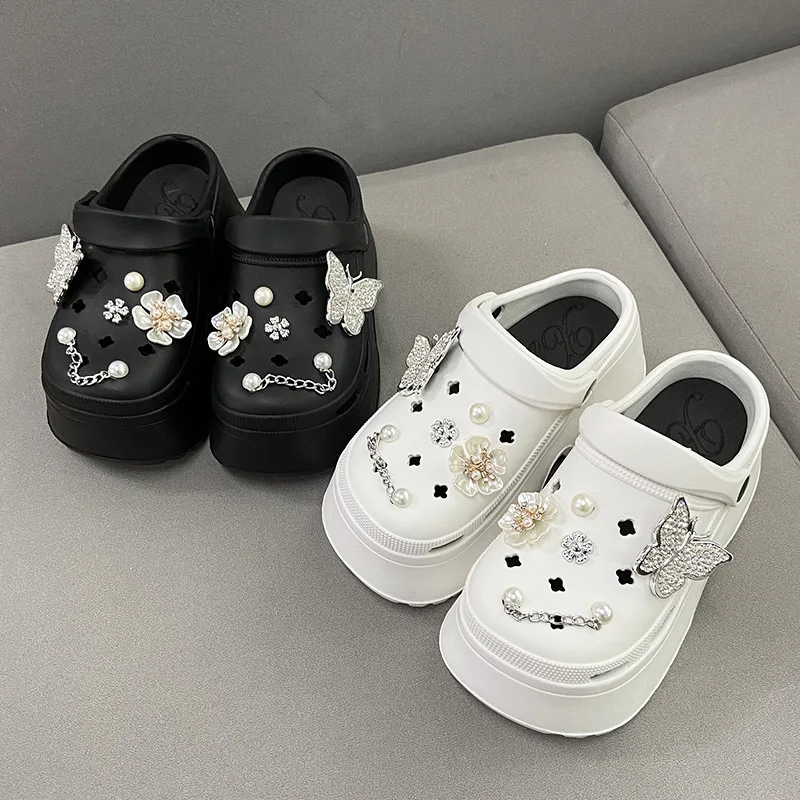 

Women's Diy Clogs Sandals Summer Slip On Wedge Platform Sandals Woman Fashion Butterfly Chain Thick Sole Beach Shoes Ladies