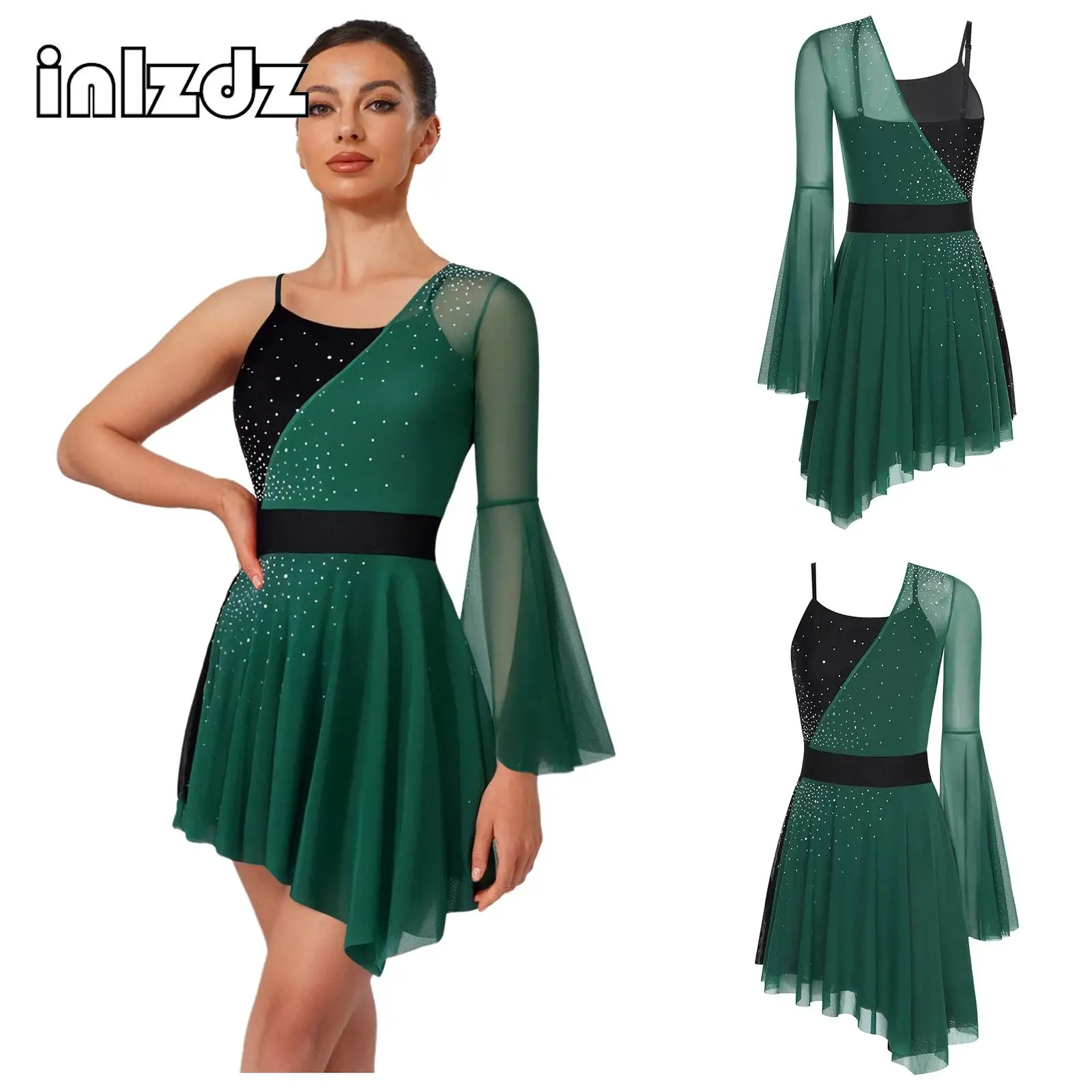 

Shiny Figure Skating Dress for Womens Color Block Mesh One Flare Sleeve Built-in Briefs Irregular Leotard Modern Dance Dresses