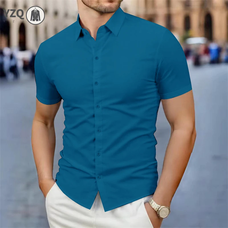 

2025 Новая мужская деловая повседневная однотонная рубашка с короткими рукавами для летней моды, удобный и универсальный топ без глажки