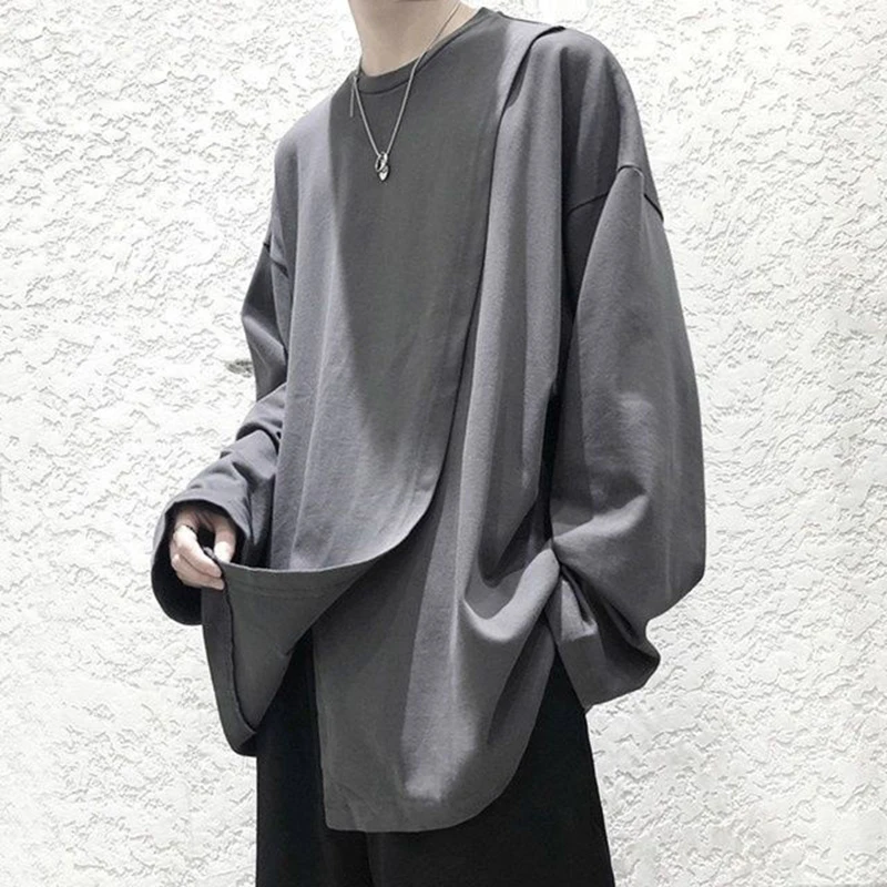 Side Slit Men O Neck Long Sleeve Sweatshirts 2022 Autumn Spring Loose Fashion T Shirt All-match Casual Harajuku Oversize Clothes