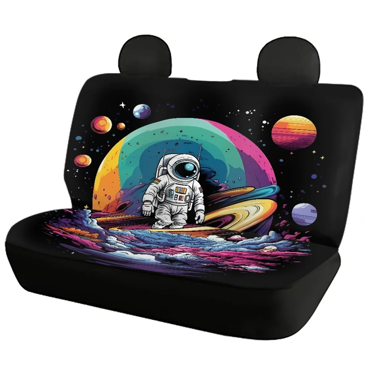 Rainbow Cloud Astronaut Planet Print Front Back Seat Cover Set Easy Installation Non-slip Easy to Clean Install Car Accessories