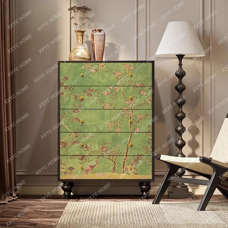 XX retro wind green flower and bird decoration dining side cabinet sofa living room storage bedroom room storage five buck