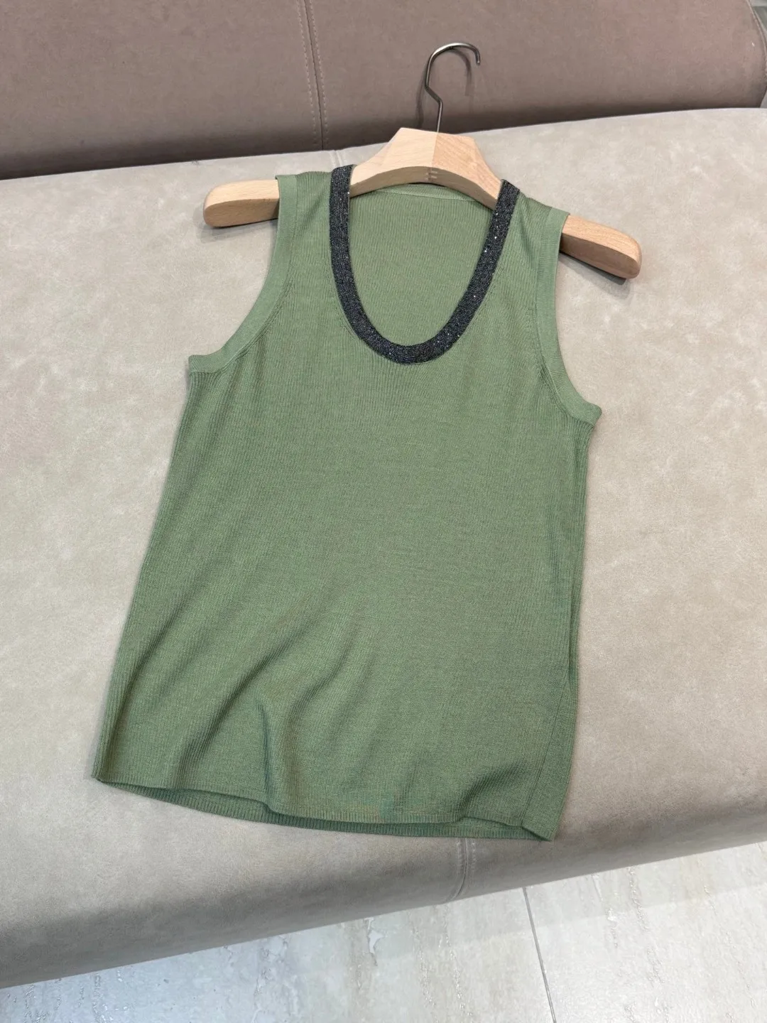 Top senza maniche in lana di seta con rifiniture a catena di perle tinta unita casual primaverile