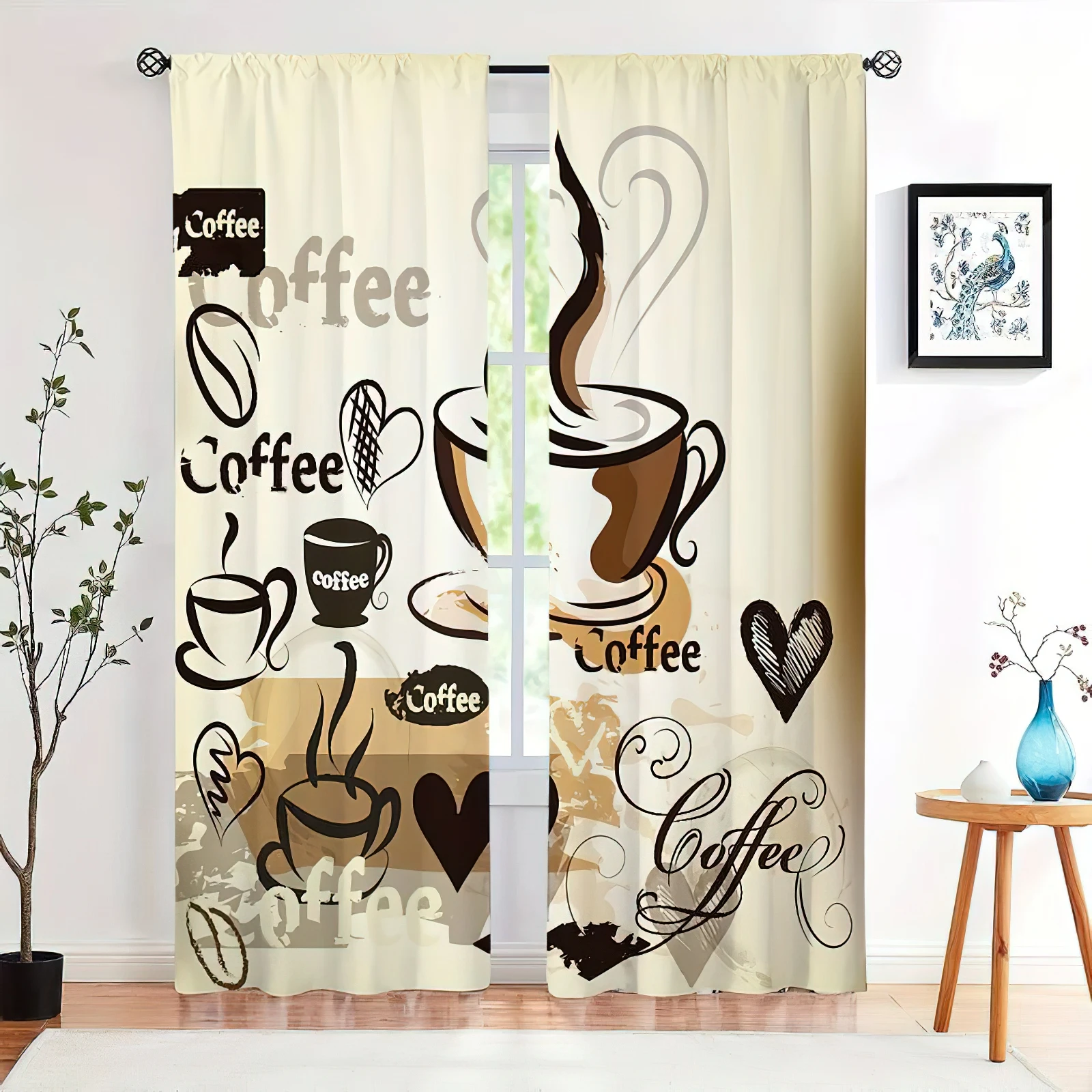 

2PCSRetro Coffee American Print Curtains, Bedroom Living Room Study Rod Pocket Decorative Curtains, Custom Contact Me