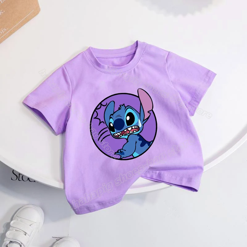 Lilo Stitch Girl T-shirt fioletowy kreskówka Symmer dzieci koszulki t-shirty z krótkim rękawem słodkie Kawaii letnie ubrania dla dzieci