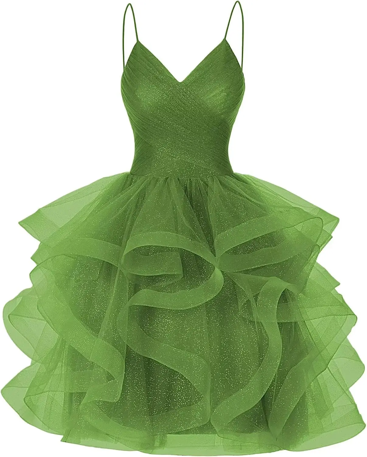 

Glitter Tulle Tiered Short Homecoming Dresses for Juniors Ruffle A-Line Spaghetti Straps Prom Cocktail Dress Above Knee , Mini