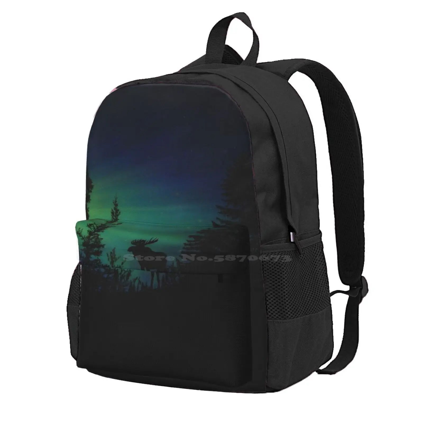 Moose With Northern Lights Hot Sale Schoolbag Backpack Fashion Bags Aurora Borealis Northern Lights Moose Silhouette Home Décor