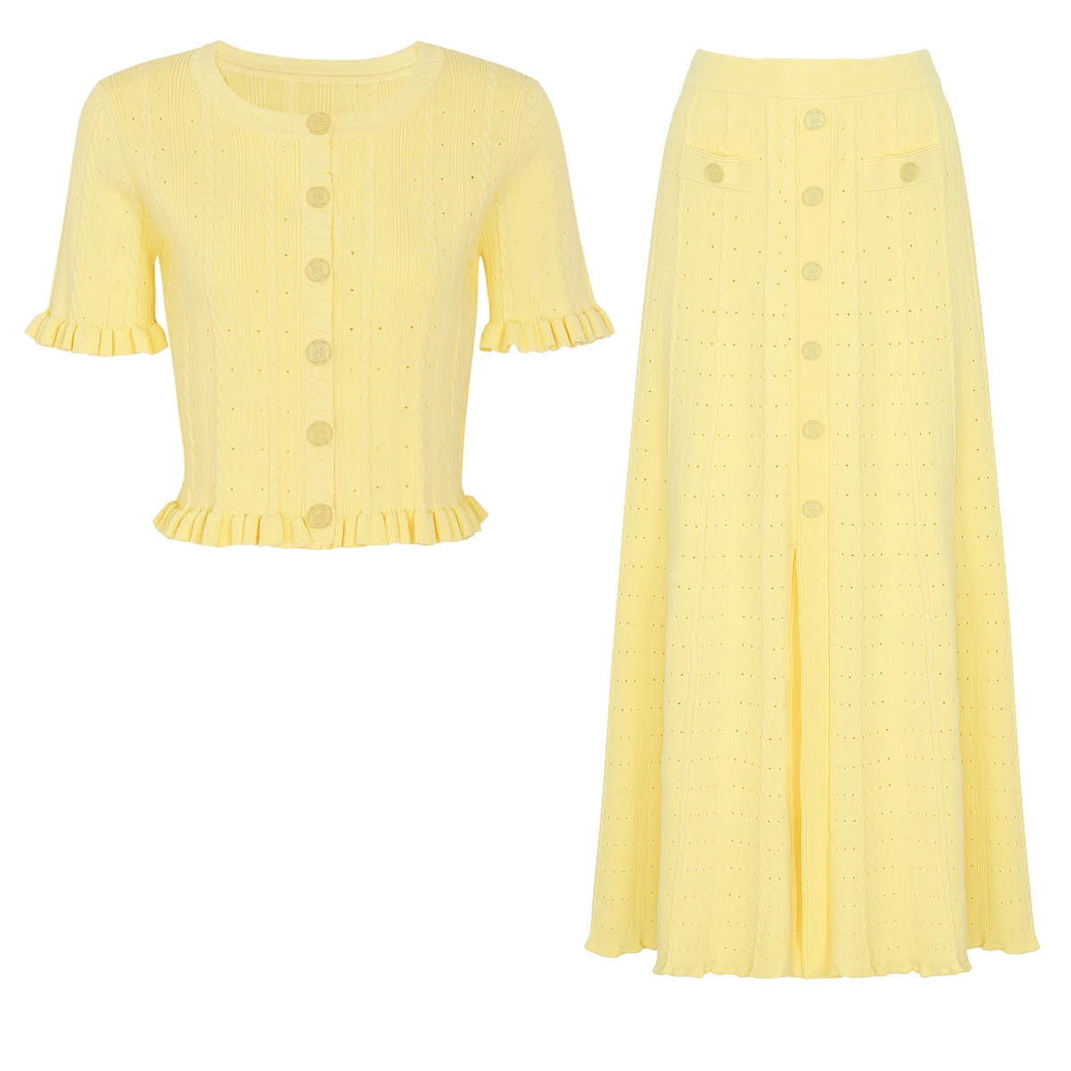 26184 High-Quality Summer New Commuting Fashion Women's Knitted Round Neck Short Sleeved Top Cardigan+Skirt Set