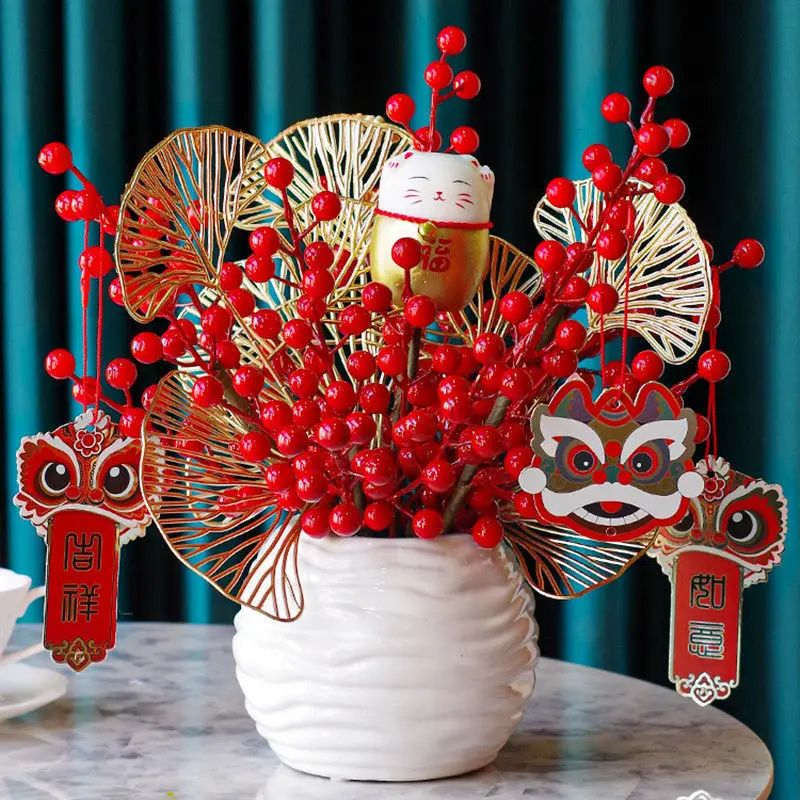 

Chinese Ceramic Vase Red Fortune Fruit Fake Flower Set New Year Opening Wedding Ornaments Home Cabinet Porch Furnishing Crafts