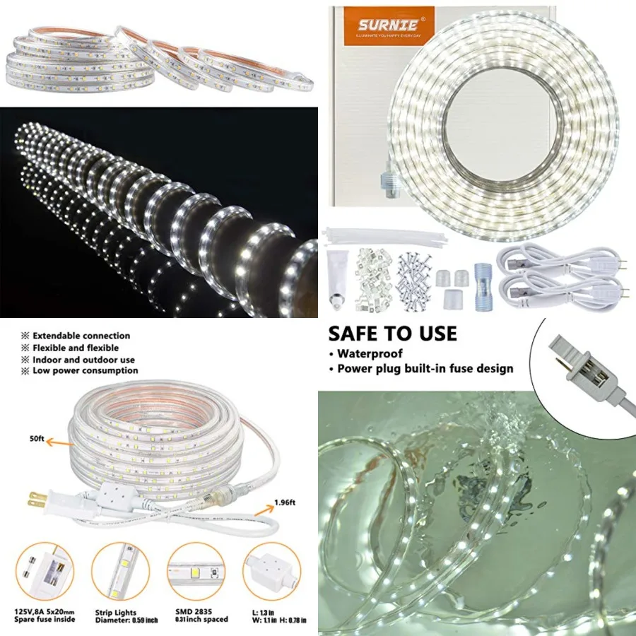 50Feet LED Rope Lights Outdoor Waterproof, 110V Flexible Daylight Bright Lighting Cuttable Connectable, Cool Clear Flat Strip L