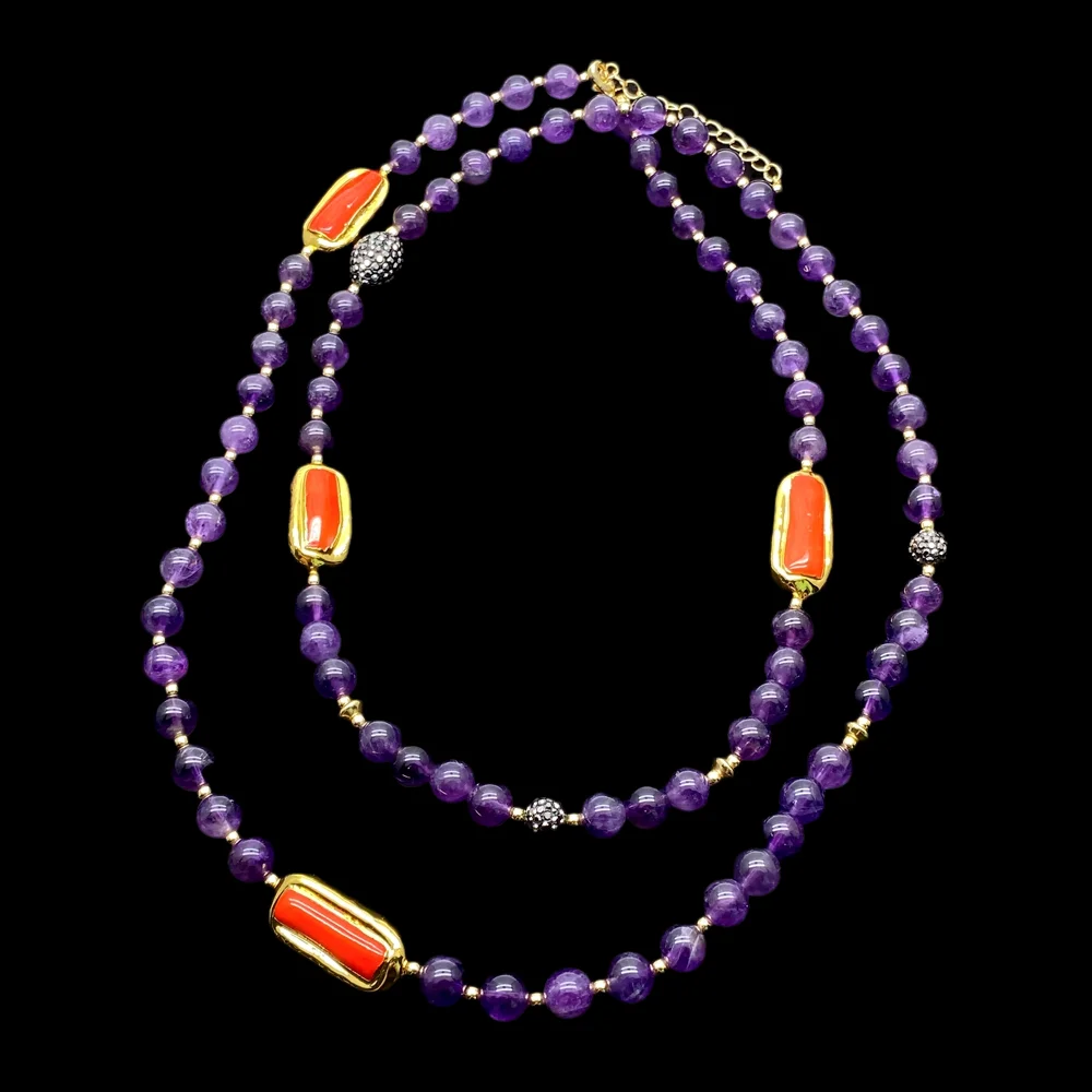 

Y·YING Natural Purple Amethyst Orange Coral Layered Long Necklace 39"Bohemia Gemstones Jewelry