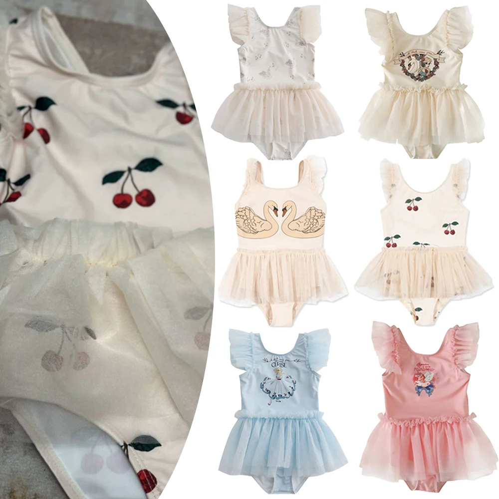 Baby Girls KS Style Swimsuit 2026 Collection New Heart Cherry Swan Print Tulle One Piece Bathing Suit Children's Swimwear