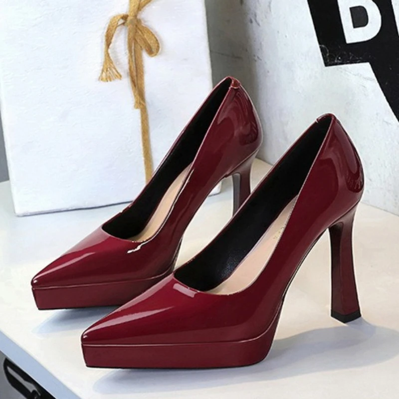 BIGTREE Shoes Platform Pumps Women 12 CM Heels Patent Leather High Heels Thick Heel Ladies Shoes Pointed End Woman Pumps Fashion