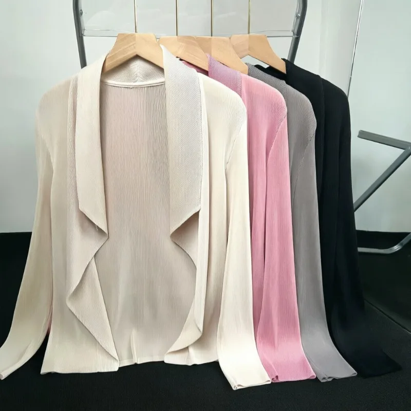 

Miyake Pleated Cardigan 2026 New Fashion Short Jacket Casual Turn-down Collar Long Sleeve Women's Top Simple Stretchy Clothing