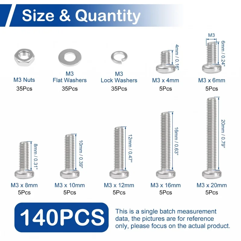 140Pcs M3 Phillips Pan Head Machine Screws Kit with Nuts And Washers Assorted Sizes from 4mm to 20mm Fully Threaded for DIY Proj
