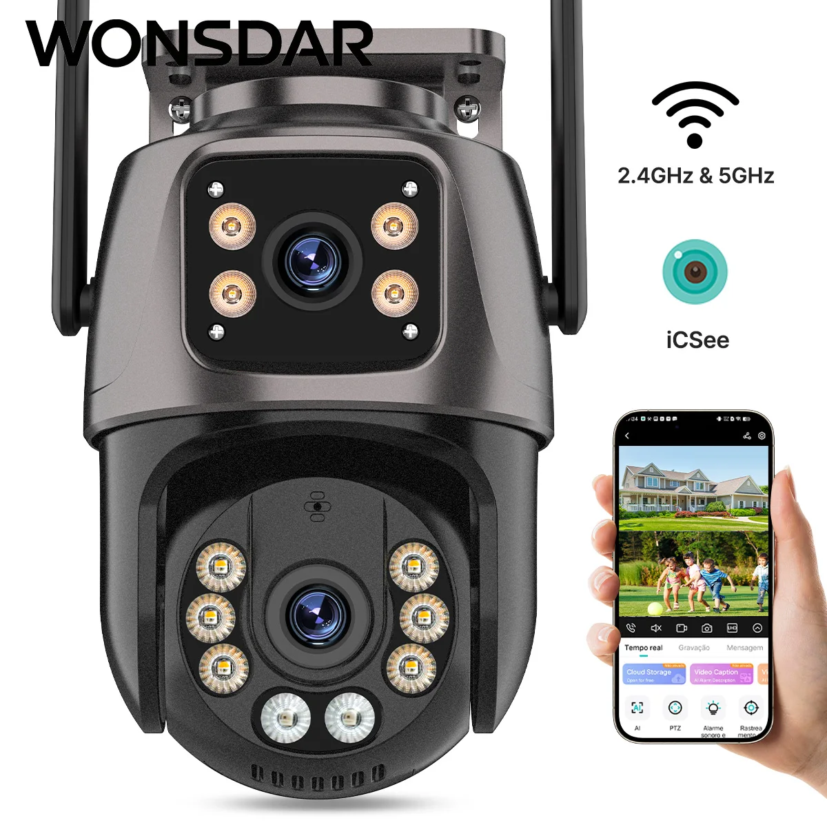 

Уличная IP-камера WONSADR с Wi-Fi 5 ГГц и 2,4 ГГц, PTZ-камера с ИИ-обнаружением человека, двухэкранная камера видеонаблюдения, аудио, приложение iCSee