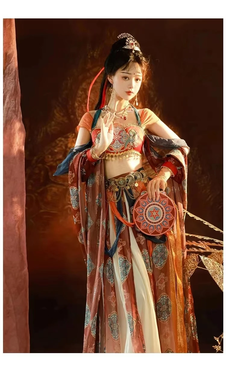 

Original Dunhuang Exotic Hanfu Tianzhu Princess Improved Ancient Costume Set Chest Long Skirt and Shawl Silk (Free Waist Chain)