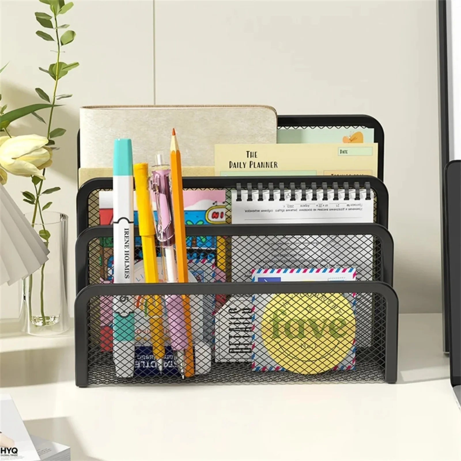 Office Desk Organizer Rack 3-Layer Black MetalIron Mesh Papers Trays Notebook Stand Holder Magazine Document File Book