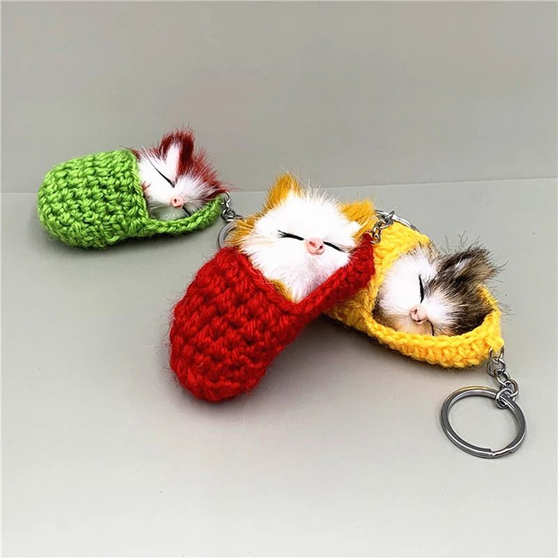 Cute Sleeping Cat Keychain Slipper Cat Plush Pendant Car Key Chain Simulation Animal Plush Toys Bag Pendant Keychain Ornamental