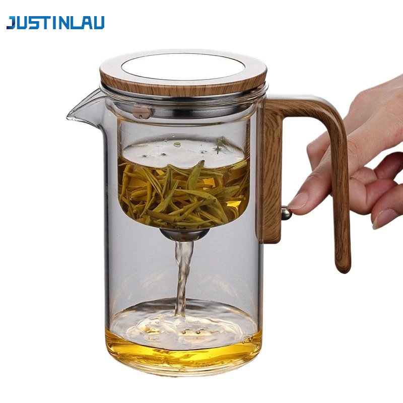 

JUSTINLAU Water Separation Inner Container Teapot One Click Magnetic Switch Tea Separation Filtration Glass Tea Pot Wood Handle