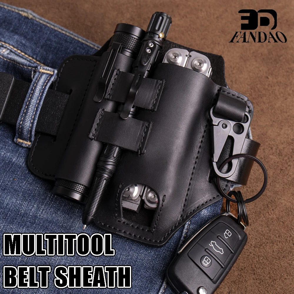 

Чехол для ремня для многофункционального инструмента EDC Кожаный органайзер для ремня Держатель для ремня с чехлом для многофункционального инструмента, держателем для фонарика, держателем для ручек и зажимом ключей