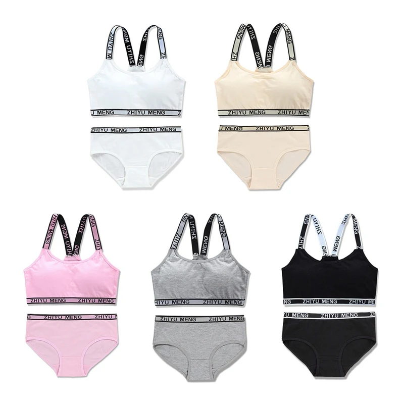 Girls Training Bras Panties Solid Color Kids Underwear Set Cotton Soft Young Girl Brassiere Teenager Sport Bras Underpants Suit