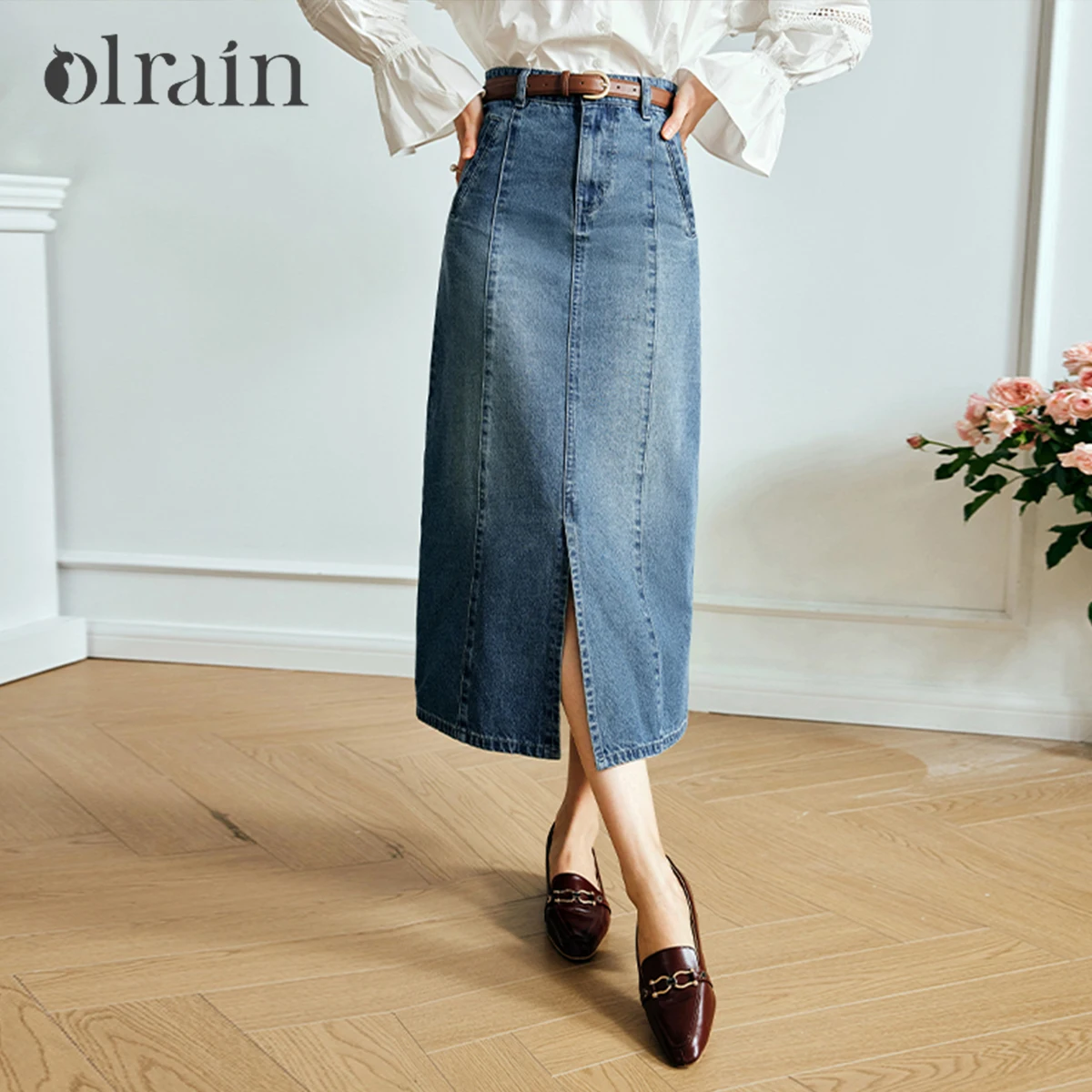 OLrain Cotton Denim Skirts Women 2026 Autumn Solid Office Lady Slit Skirt Casual Elegant Straight Midi Skirt Female N56QB81392