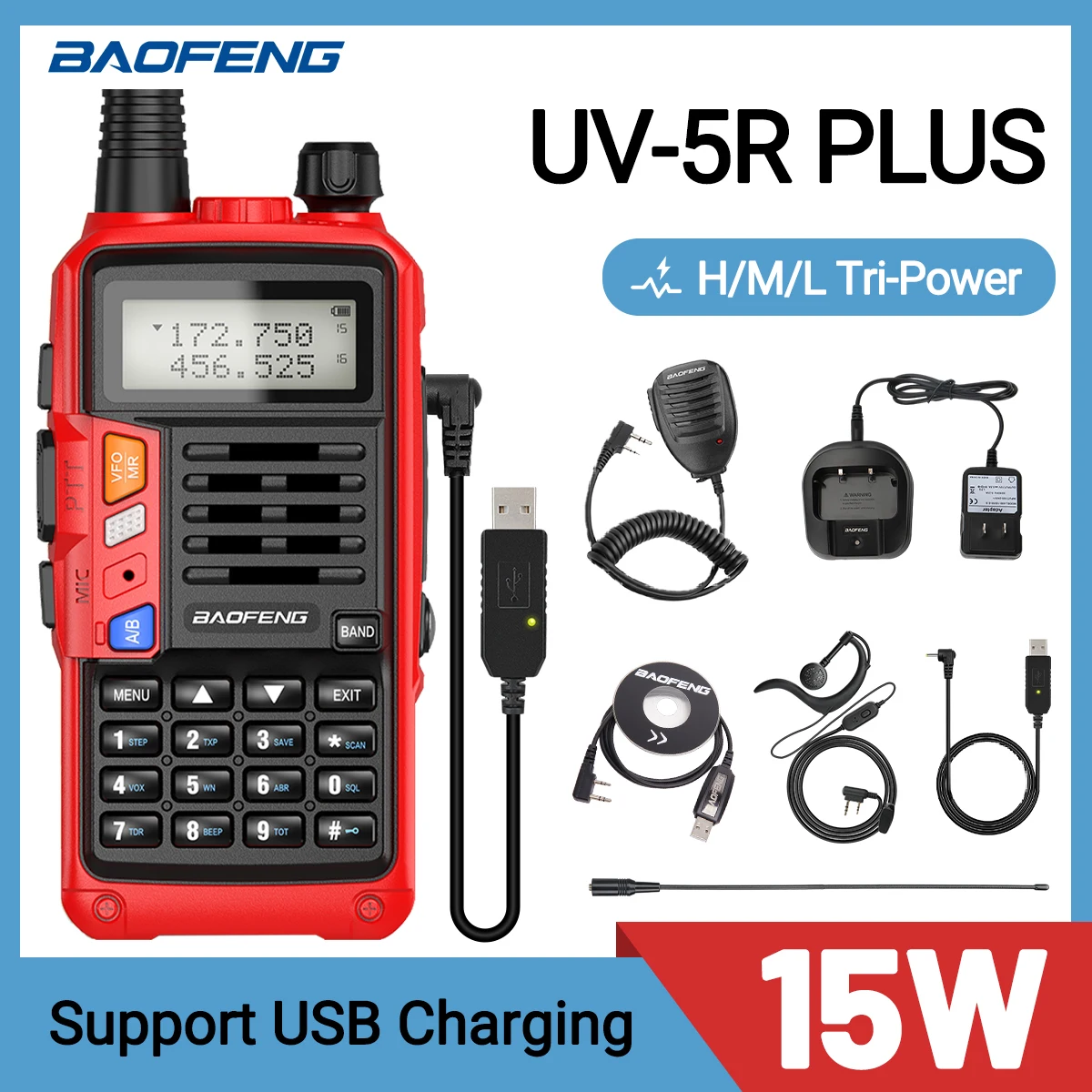 Baofeng UV-5R Plus 15W Tri-Power Walkie Talkie Long Range High Power 16 KM Portable UV 5R 17 PRO S9 PLUS Ham Two Way Radio