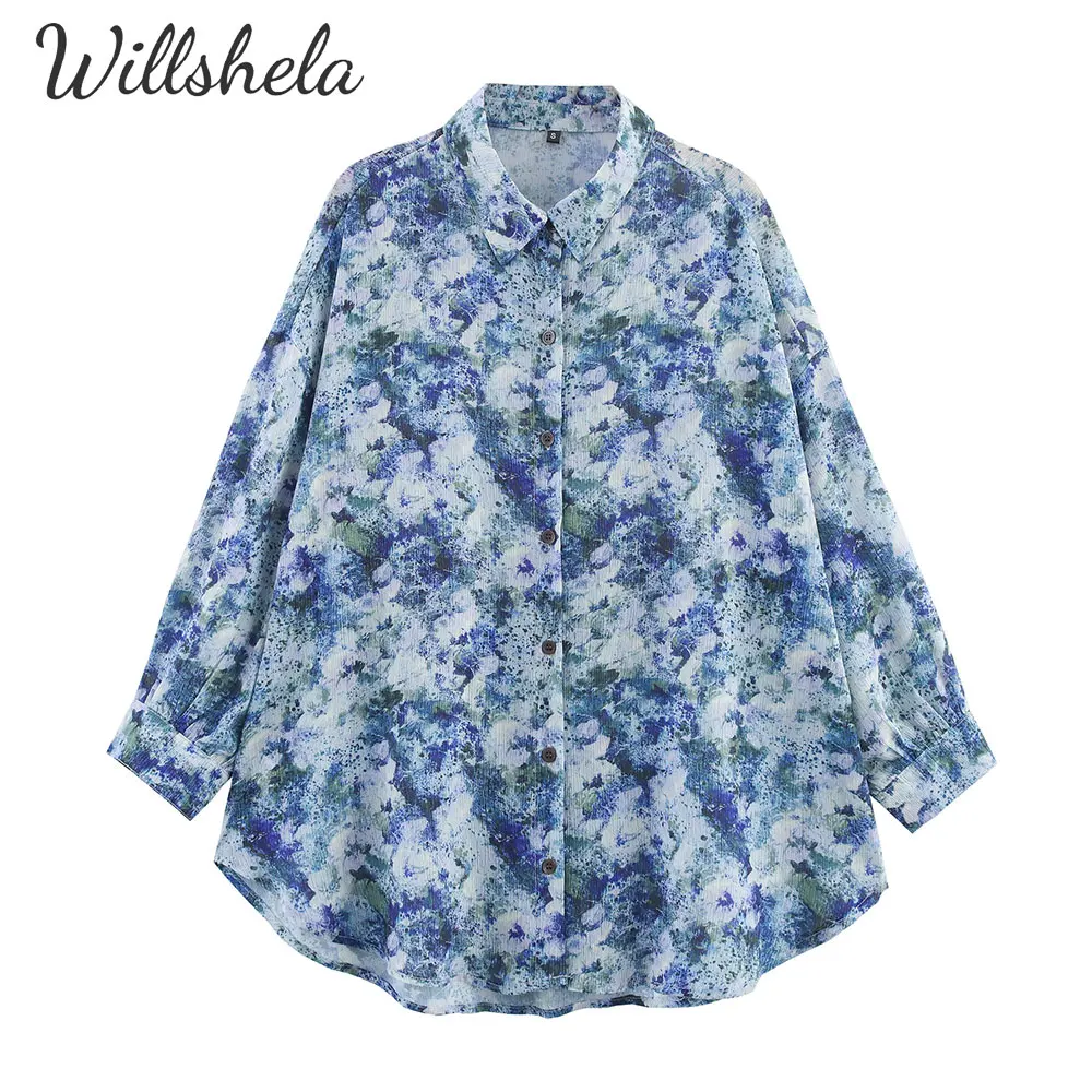 

Willshela Women Fashion Printed Chiffon Loose Shirt Lapel Collar Long Sleeves Female Chic Lady Casual Mujer Blouse