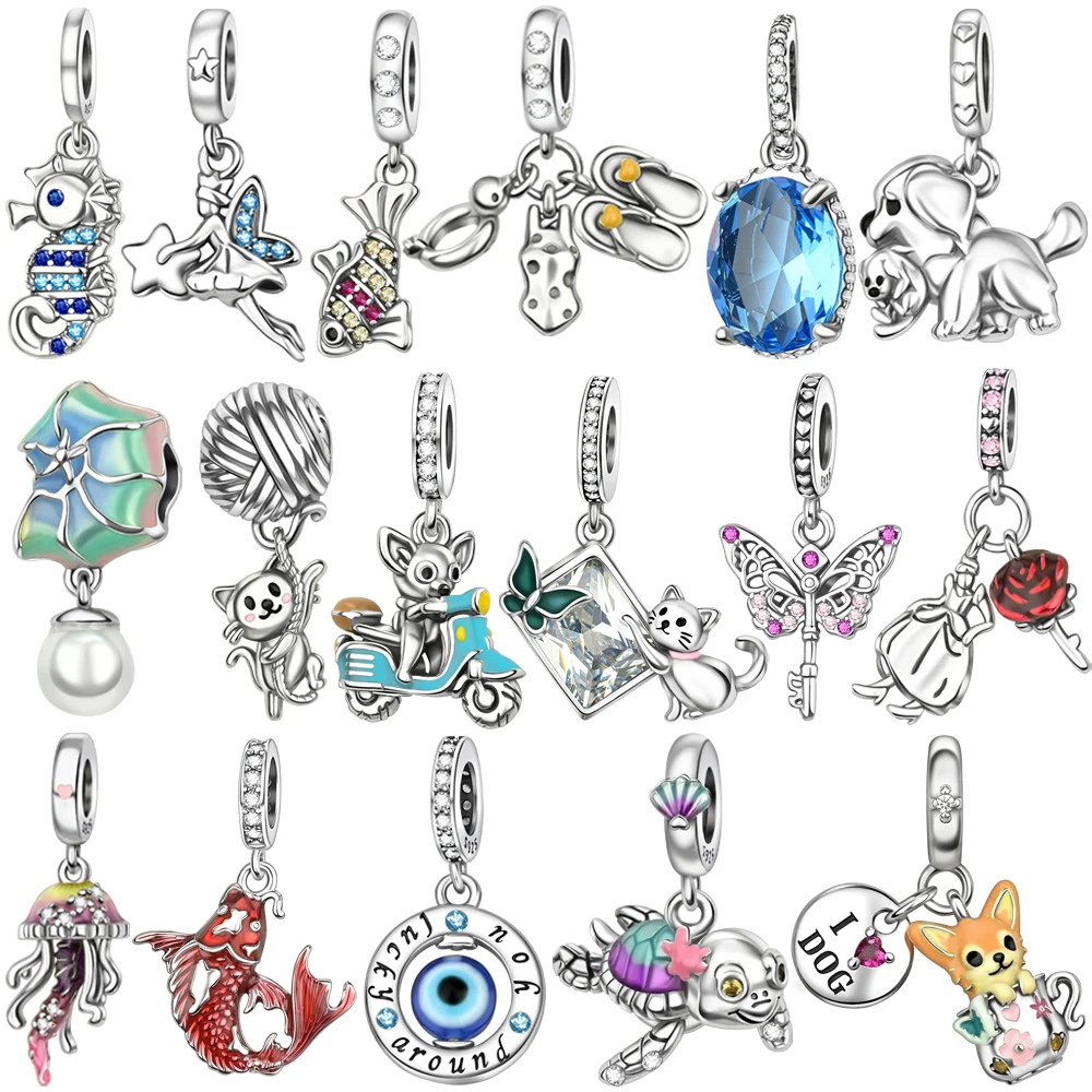 

2025 New Charms 925 Sterling Silver Seahorse Fish Dog Cat Charm Beads Fit Snake Chain Bracelet Necklace Women DIY Jewelry