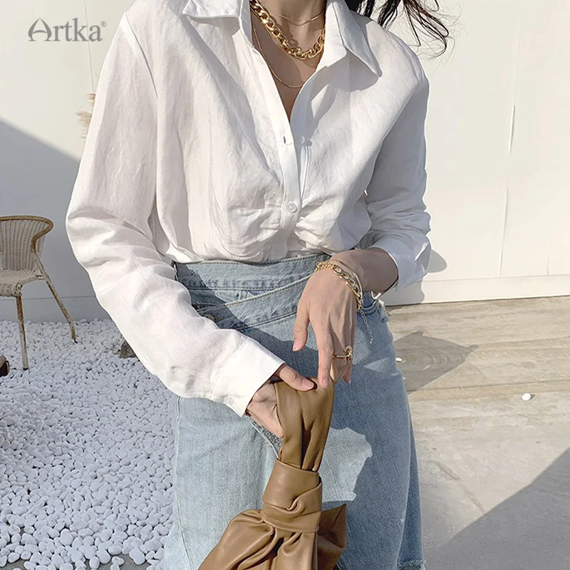 

ARTKA 2023 Spring New Women Blouse Fashion Casual Lapel V-Neck White Shirt Long Sleeve OL Style Linen Shirts Female 21SA010C