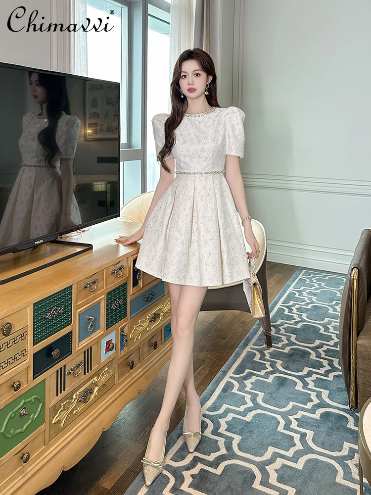 

French Style Socialite Refined Rhinestone Round Neck Puff Sleeve High Waist Slim Fit A-line Pleated Short Dress Women Summer