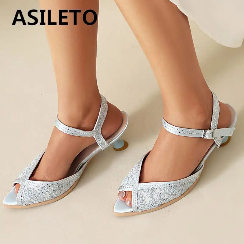 

ASILETO 2025 Fashion Sweet Sandals Pointed Toe Strange Heels 5cm Buckle Strap Embroidery Big Size 44 45 46 Dating Dress Shoes
