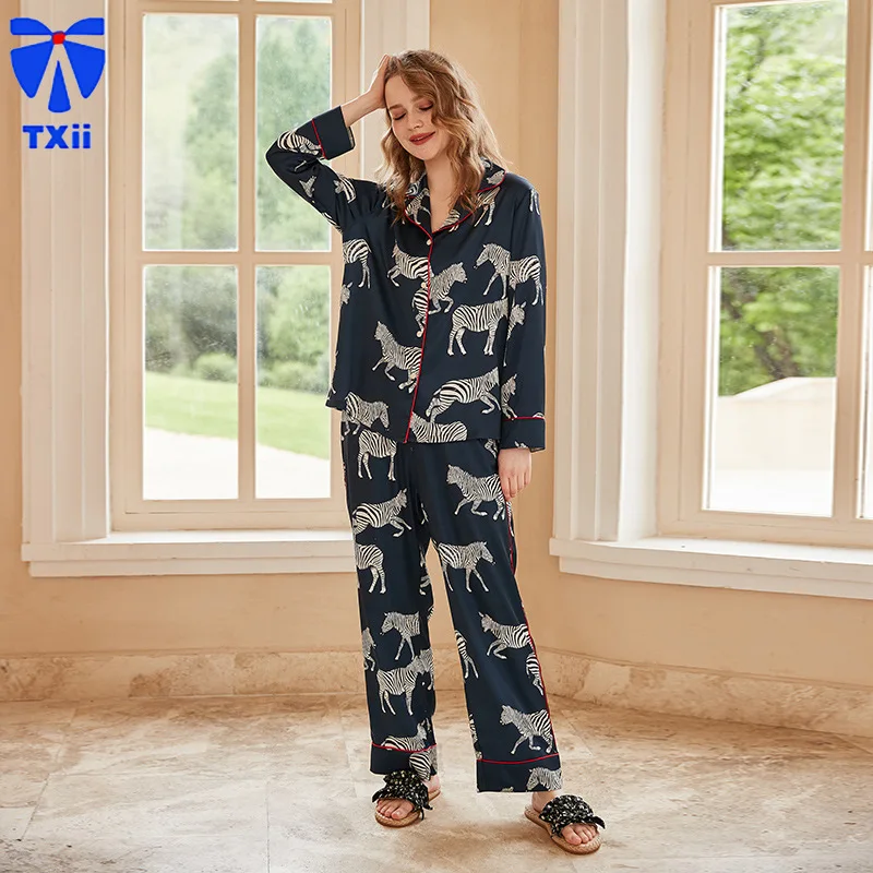 【 Dark Blue Zebra】comfortable Ice Silk Pajamas Women High-end Sense ins Style Lapel Spring/Summer Long Sleeve Home Suit 20