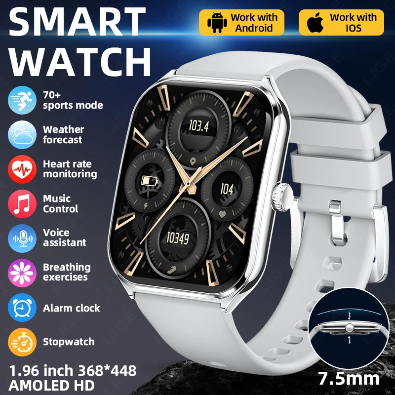 

LIGE Ultra Thin Smart Watch 1.96" AMOLED 360*360 HD Pixel Display Always Show Time Call Reminder Smartwatch For Android IOS