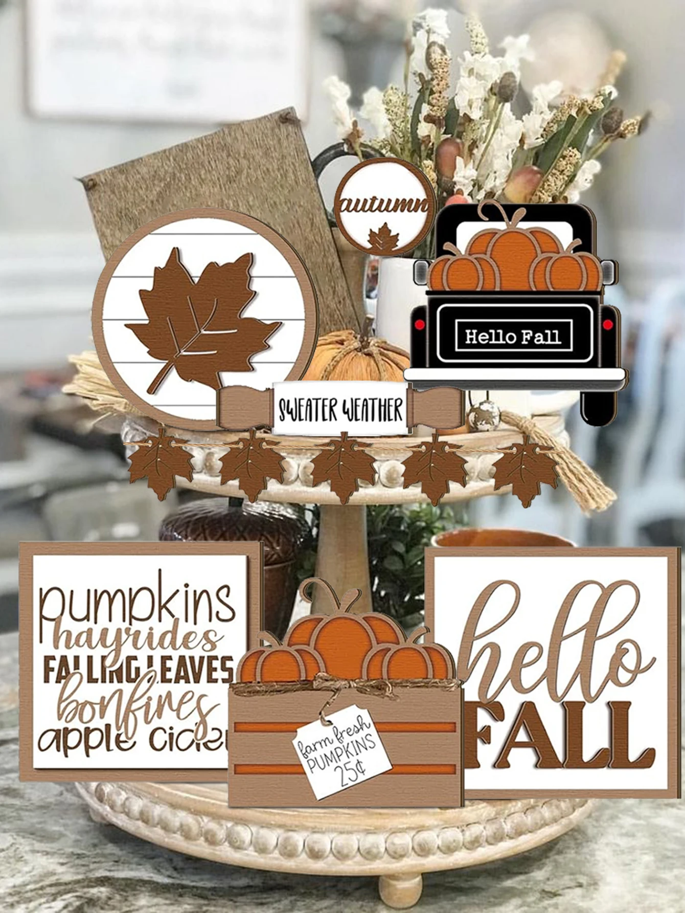 2D Retro Autumn Layered Tray Decor Set - Rustic Farmhouse Hello Fall Pumpkin Truck Maple Leaf Wooden Crafts , Fall Home Decor