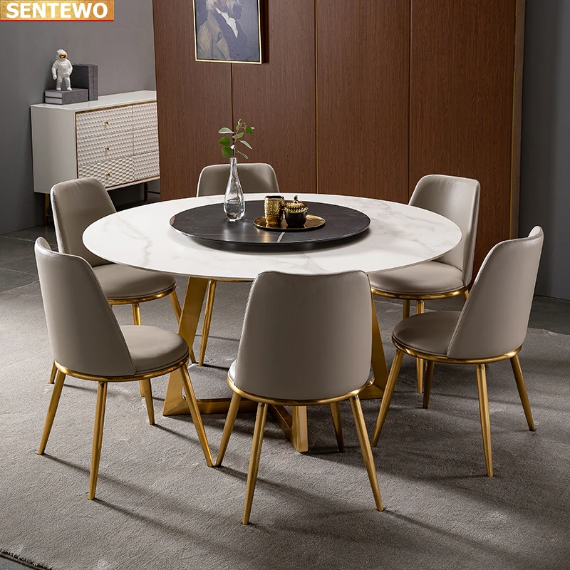 Designer Luxury round Marble Rock Slab dining table set 8 chairs mesas comedor furniture meuble marbre Stainless steel gold base