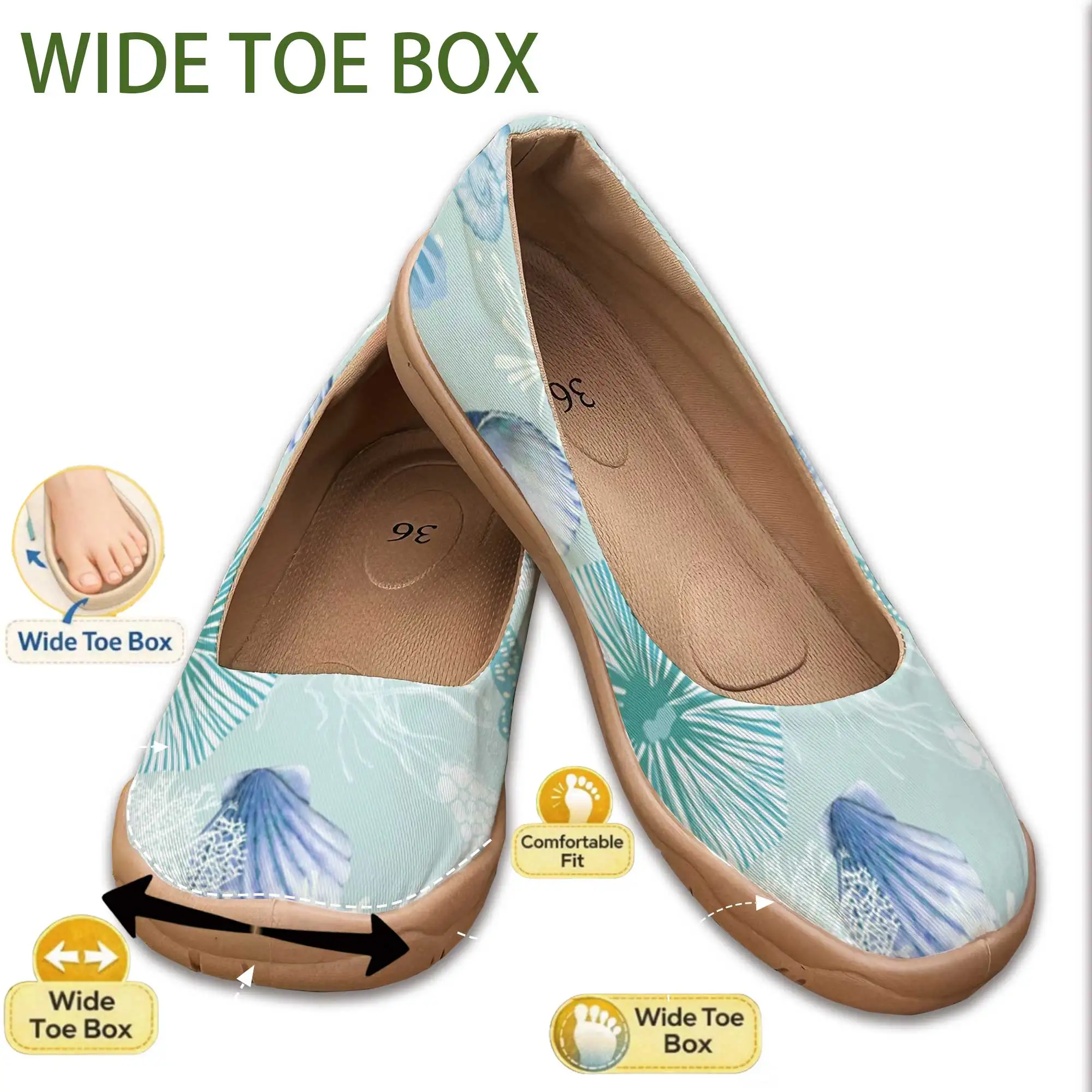 Fresh and Simple Ocean-Themed Print Wide-Fit Mom Shoes for Women, Slip-On Soft-Soled Shallow Shoes, Wide Toe That Doesn'T Squeeze the Feet, Lazy Shoes for Wide Feet