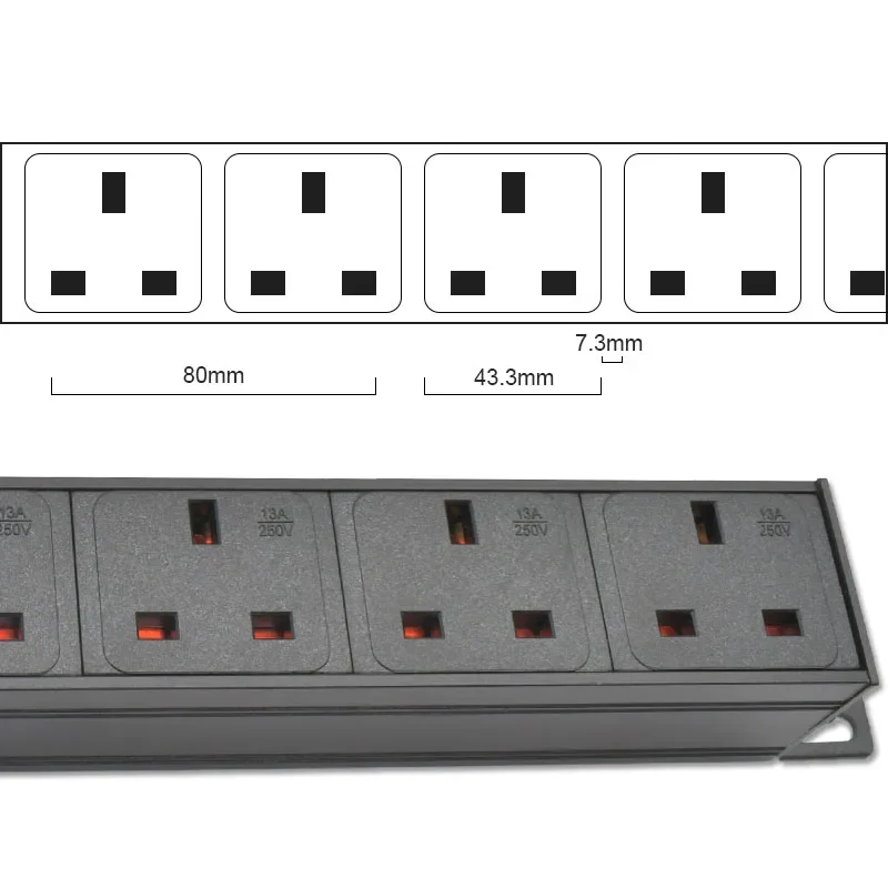 PDU Power Strip Network Cabinet Rack 13A/16A  Aluminum Alloy 7 Way Outlet Break Switch 2m Extension Cord overload protection