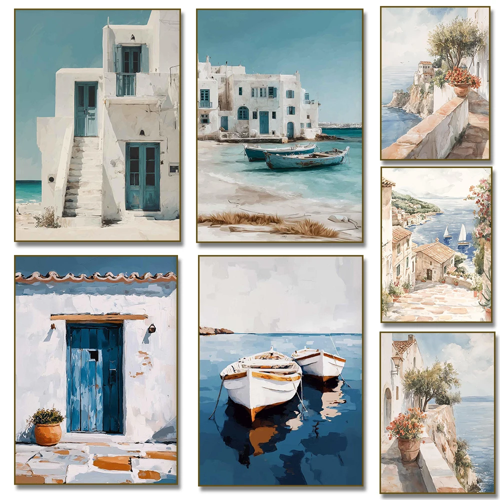 Italia Mediterráneo Santorini barco costero puerta pueblo Grecia lienzo pintura cartel impresión pared arte para sala de estar decoración del hogar