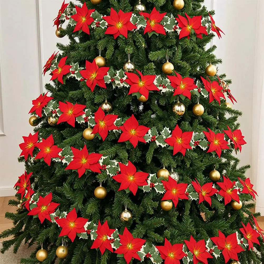 Christmas Decorative Lanterns Christmas Poinsettia String Lights Garland Green Floral Fairy Lights Battery Usb Operated for Tree