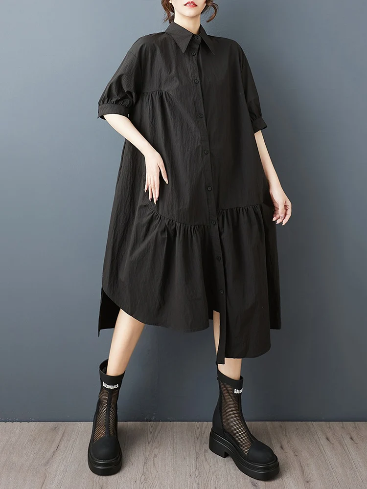 غير النظامية المرقعة خمر قميص فساتين للنساء صيف طويل جديد في قصيرة الأكمام فستان كاجوال فضفاض ملابس أنيقة 2025