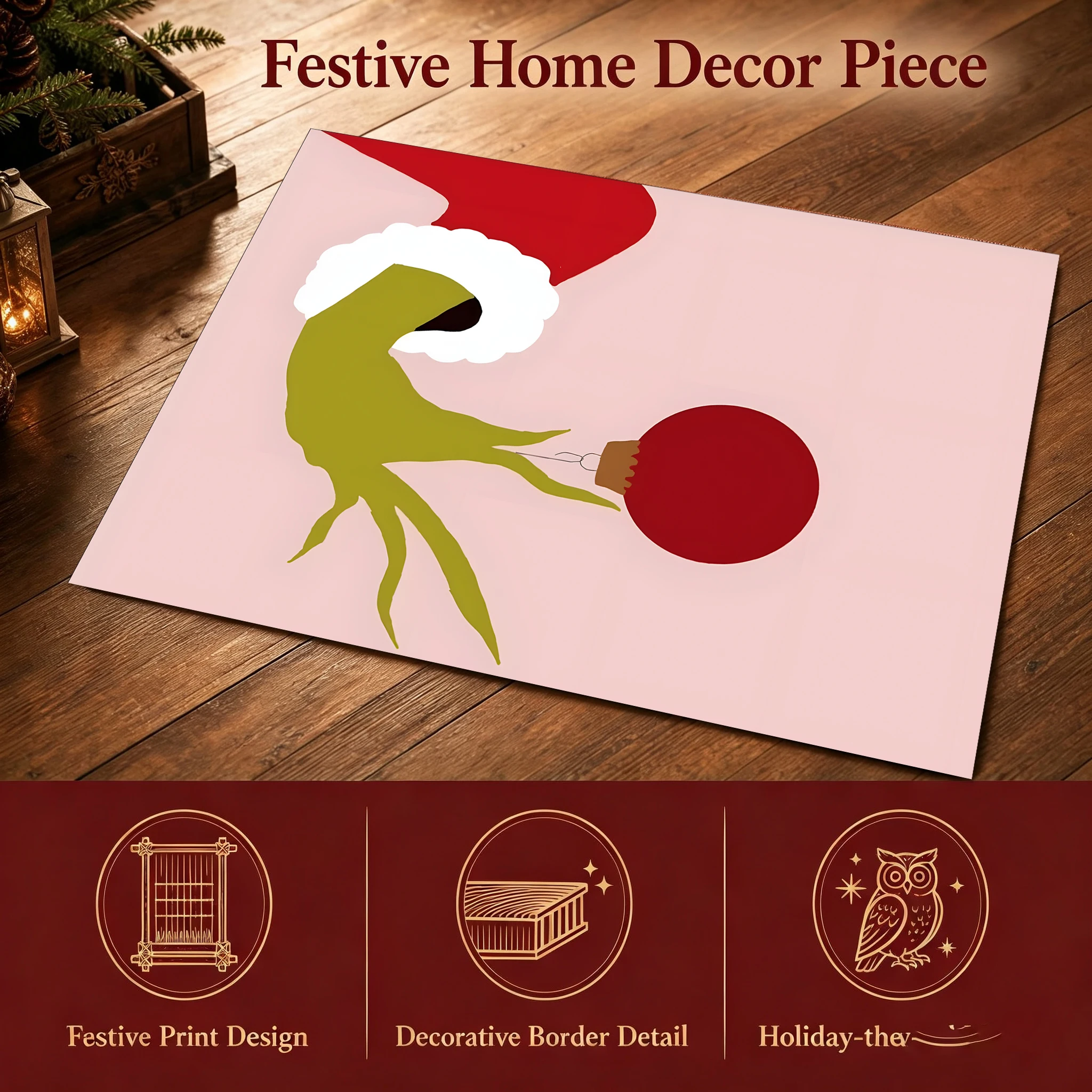 Velvet Rug Grinch Carrying Red Christmas Ball Fun Quirky Print for Entryway Bedroom Bedside Home Decor