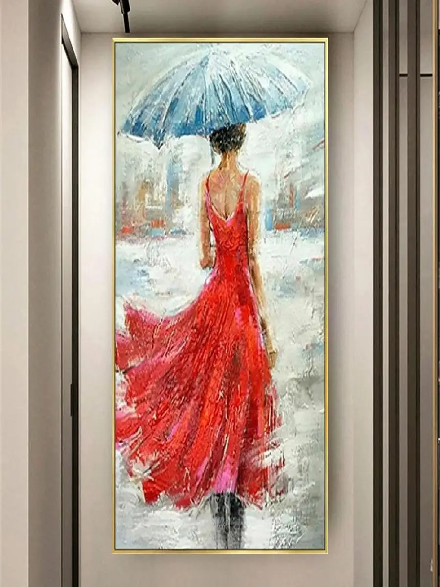 لوحة زيتية حديثة على قماش ، فتاة في فستان أحمر ، فن جداري لغرفة المعيشة ، ديكور منزلي