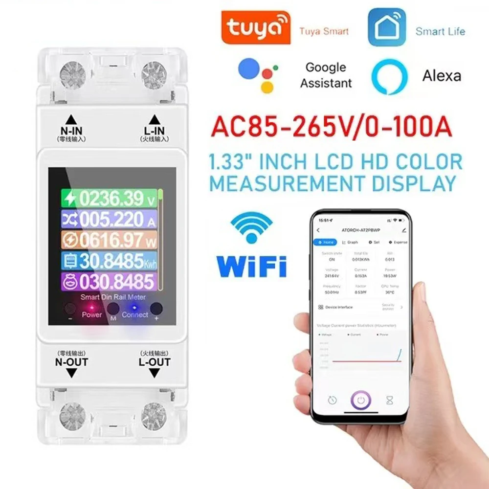 

Tuya Energy Meter WIFI Din Rail AT2PW 100A Smart Switch Remote Control AC85-265V Digital Volt Amp Kwh Frequency Factor Meter